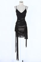 Women's Sheer Mesh Ruched Tie Side Fringe Mini Dress