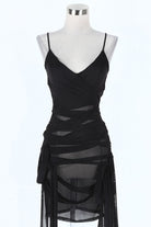 Women's Sheer Mesh Ruched Tie Side Fringe Mini Dress - photo 2
