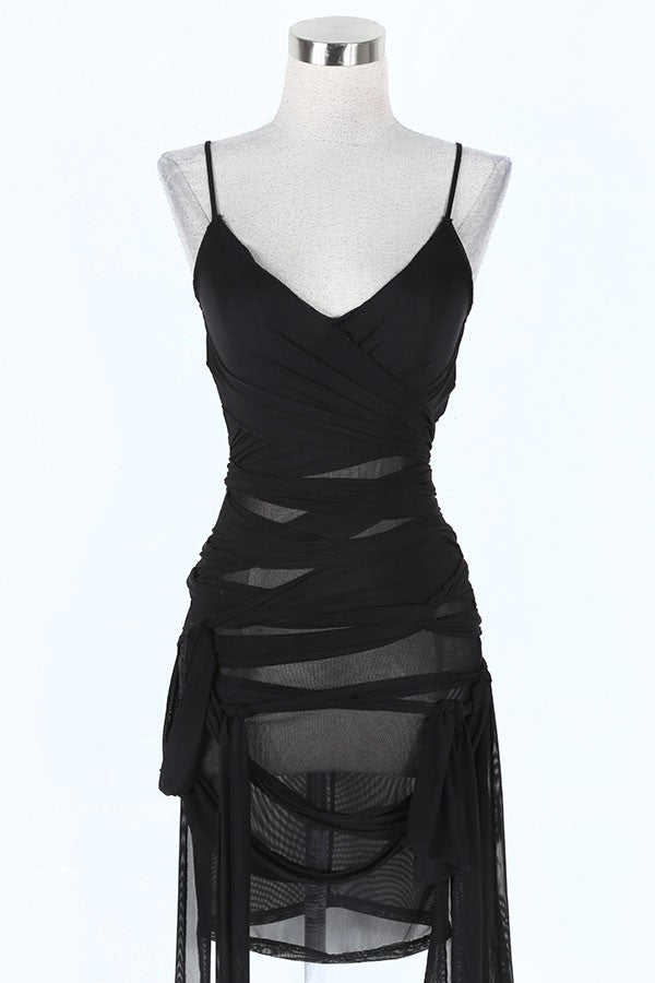 Women's Sheer Mesh Ruched Tie Side Fringe Mini Dress - photo 2