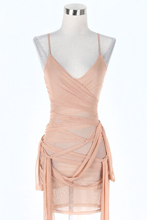 Women's Sheer Mesh Ruched Tie Side Fringe Mini Dress - photo 3