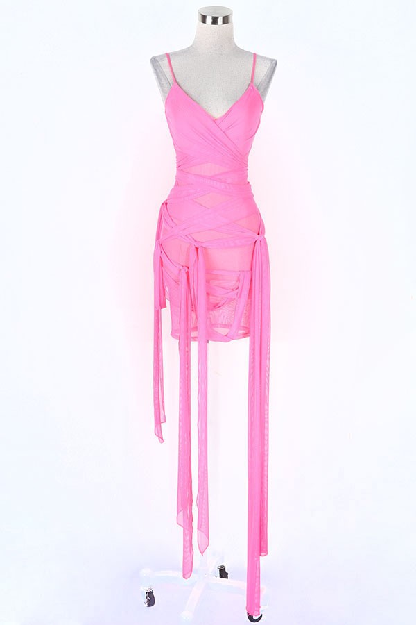 Women's Sheer Mesh Ruched Tie Side Fringe Mini Dress