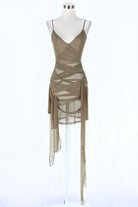 Women's Sheer Mesh Ruched Tie Side Fringe Mini Dress