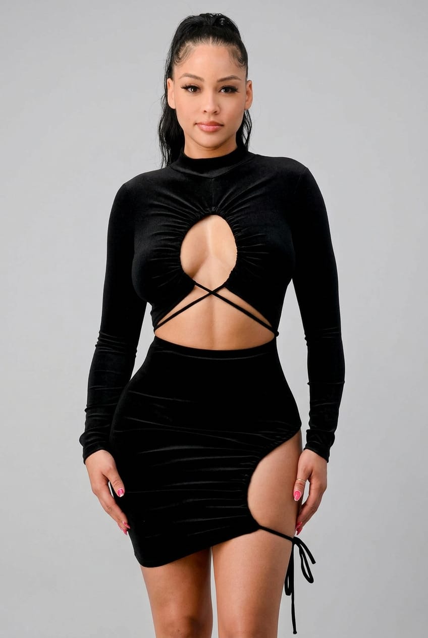Women's Mock Neck Long Sleeve Keyhole Cutout Mini Dress