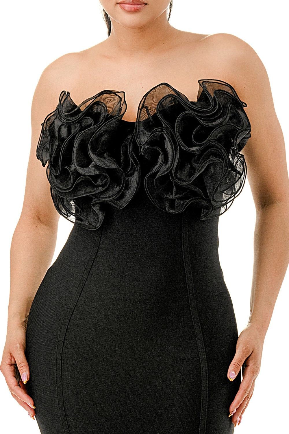 Women's black strapless rosette ruffle neckline bandage mini dress