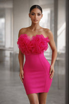 Women's hot pink strapless rosette ruffle neckline bandage mini dress