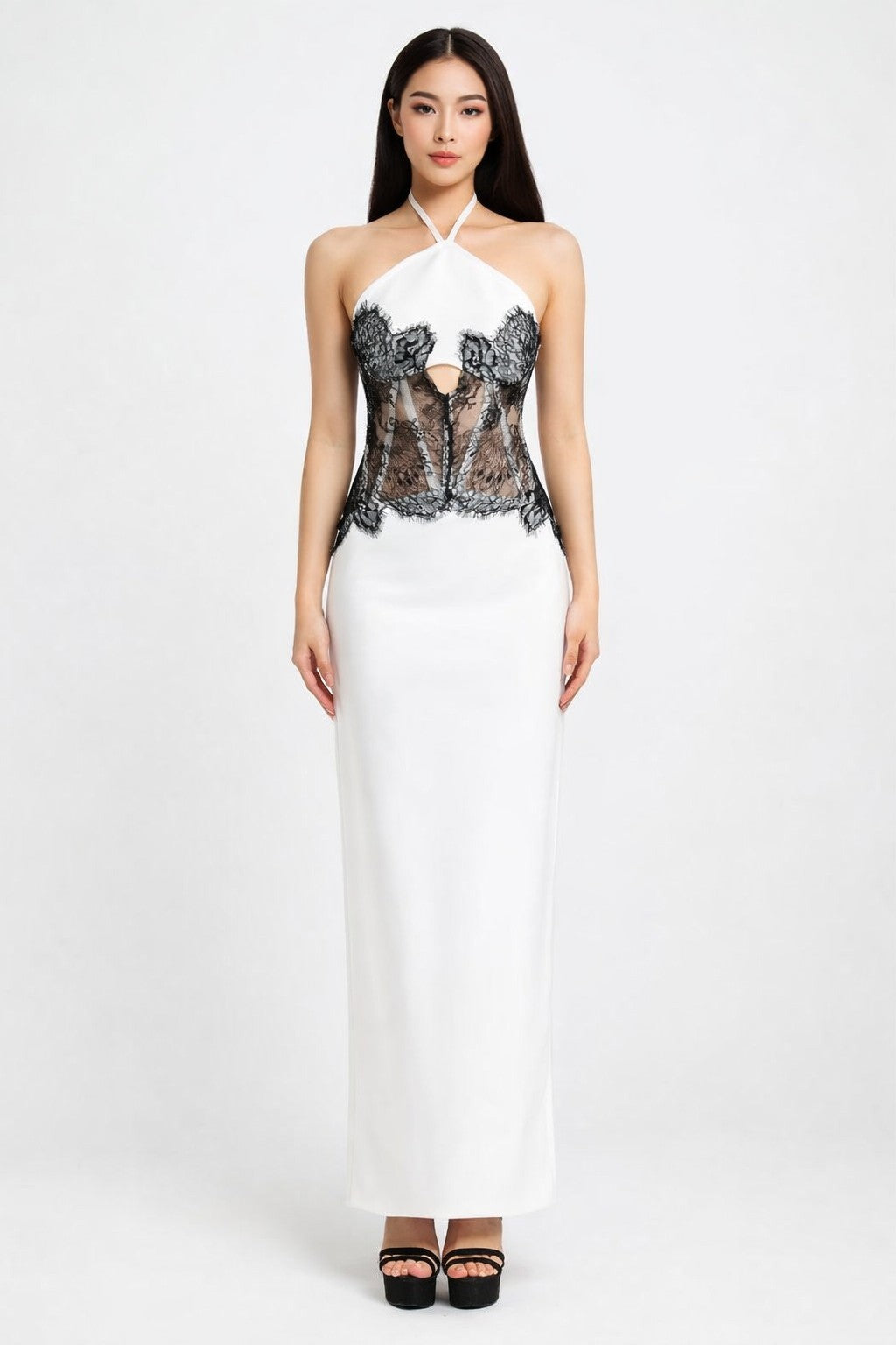 Women's white halter lace corset bandage maxi dress - full length