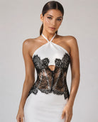 Women's white halter lace corset bandage maxi dress