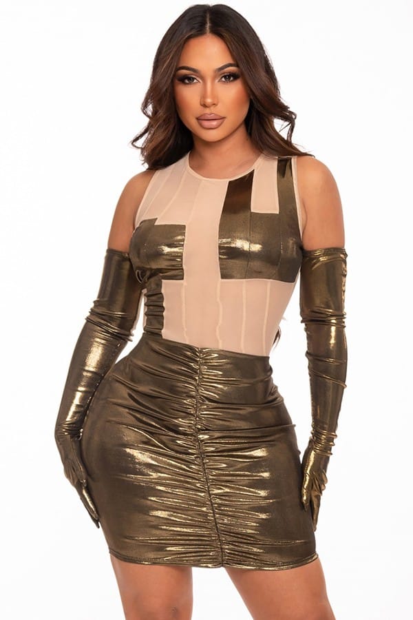 Women's Metallic Sheer Mesh Panel Mini Dress with Gloves