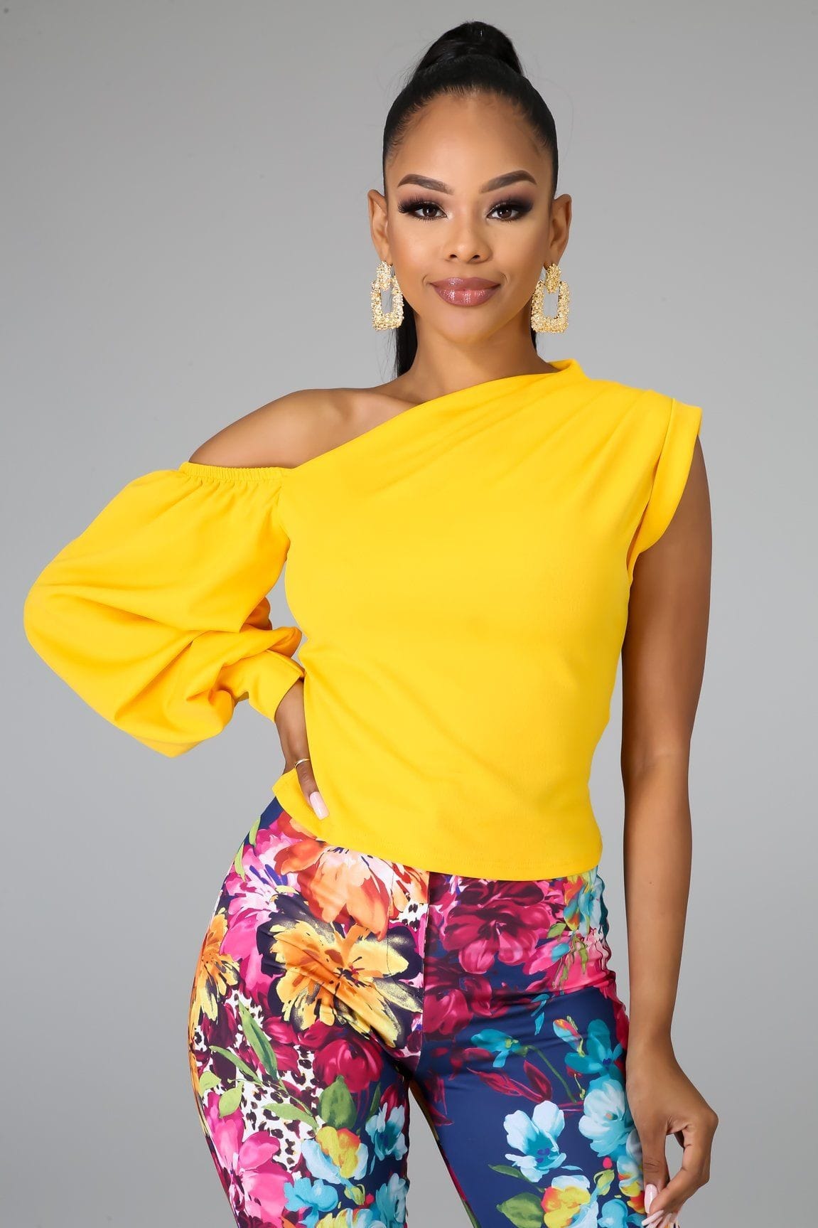 Women's One Shoulder Bubble Sleeve Top – front view