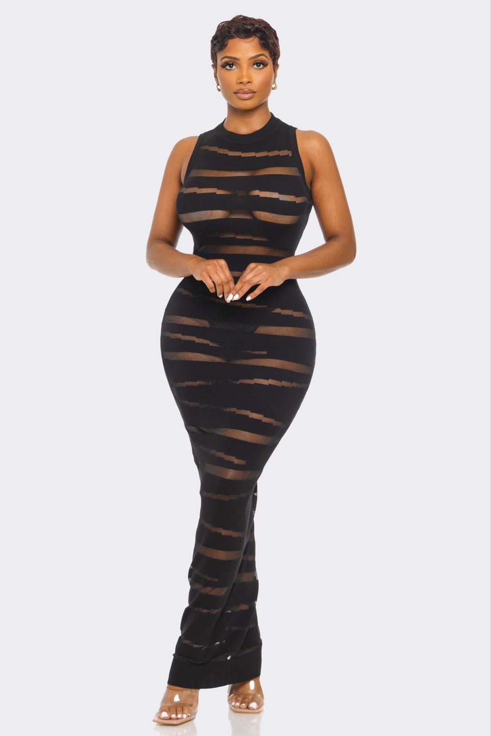 Women's Black Noir Veil Sheer Knit Maxi Dress – side view