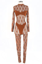 Women's Sheer Cutout Pattern Mock Neck Long Sleeve Jumpsuit
