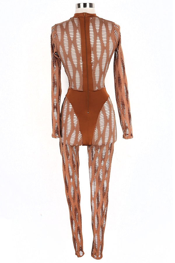Women's Sheer Cutout Pattern Mock Neck Long Sleeve Jumpsuit - photo 3