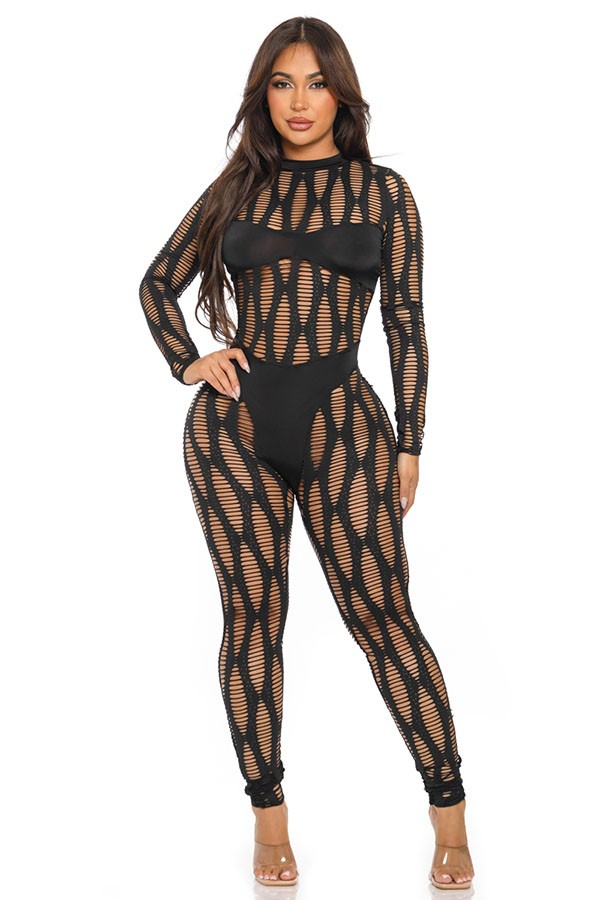 Women's Sheer Cutout Pattern Mock Neck Long Sleeve Jumpsuit