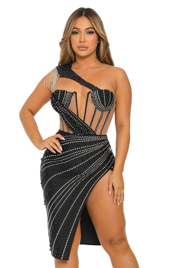 Women's One-Shoulder Rhinestone Fringe Draped Mini Dress