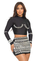 Women's Long Sleeve Crop Top & Embellished Mini Skirt Set - photo 2