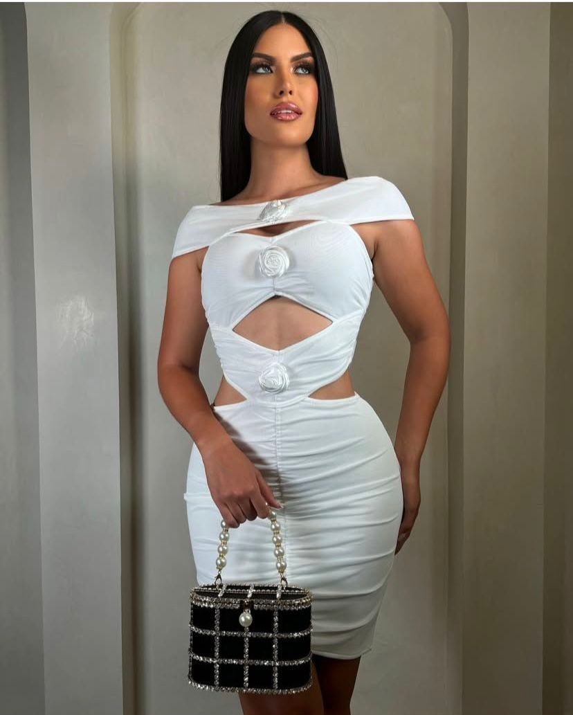 Women's white off-shoulder rosette cut-out bandage mini dress - photo 2