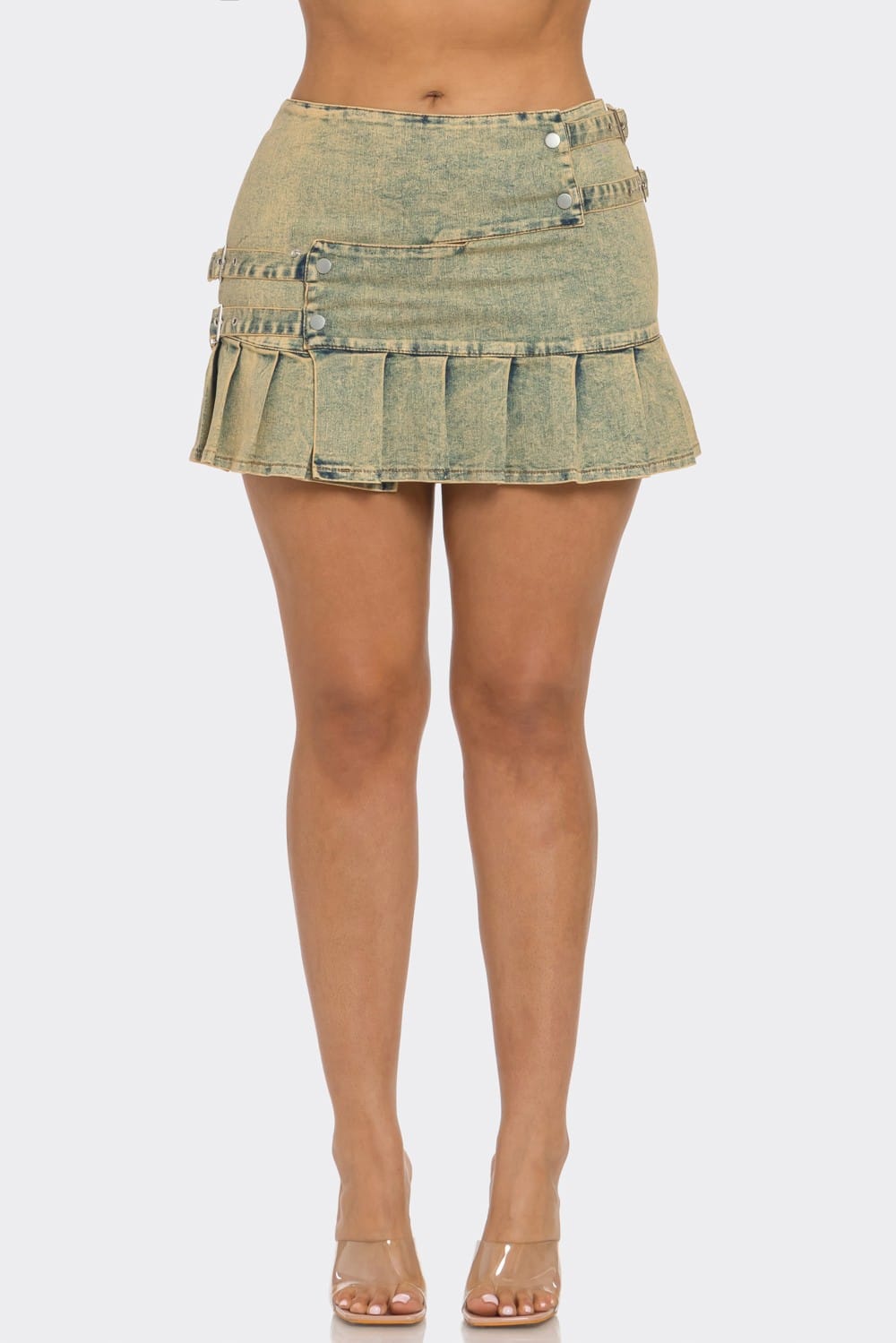 Women's Urban Rebel Buckle Detail Pleated Denim Mini Skirt Dress – front view