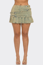Women's Urban Rebel Buckle Detail Pleated Denim Mini Skirt Dress – front view