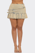 Women's Urban Rebel Buckle Detail Pleated Denim Mini Skirt Dress – detail view