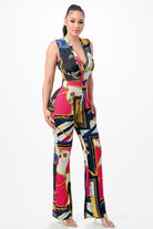 Women's Abstract Print Sleeveless Plunge Wide Leg Jumpsuit - photo 2