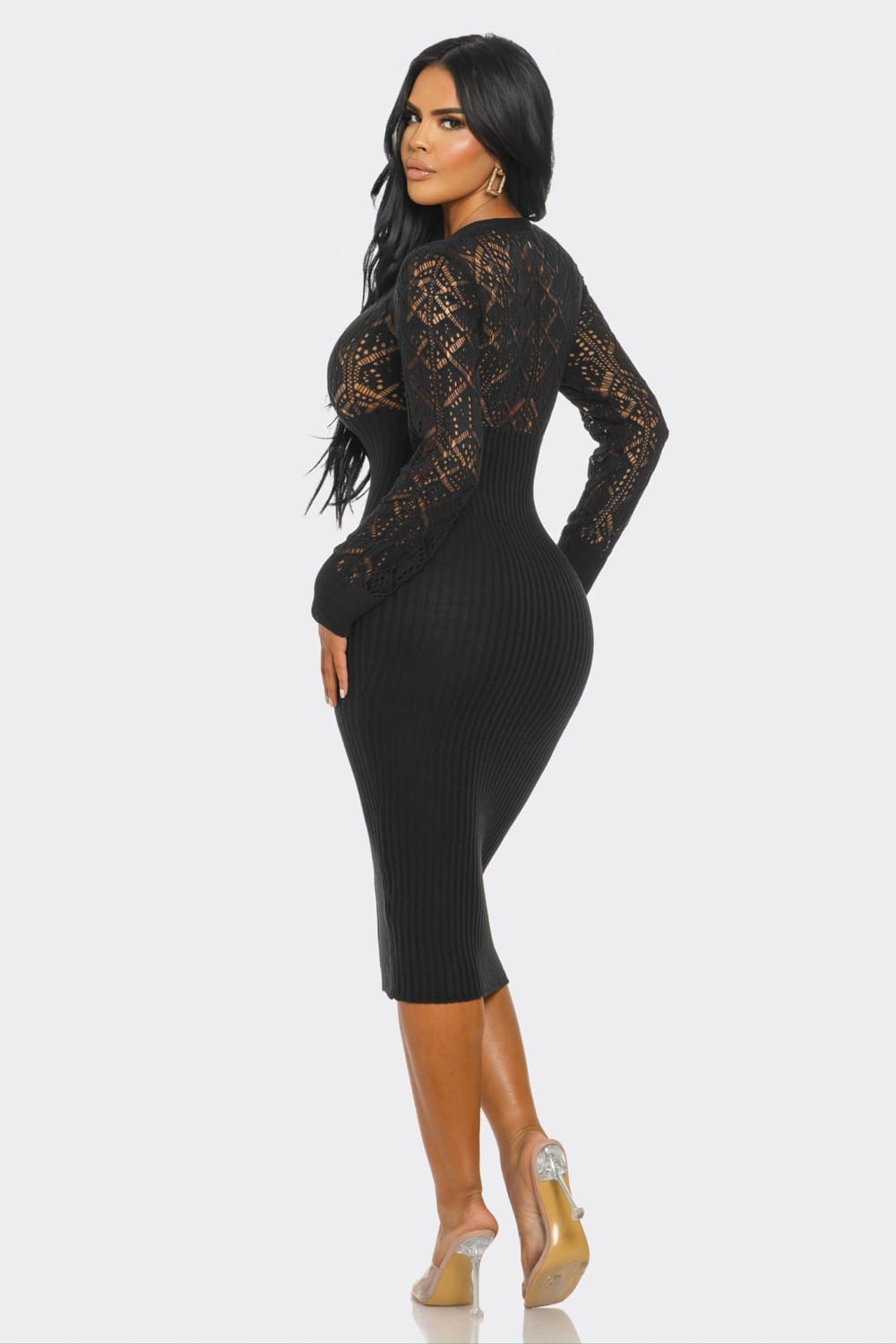 Women's V Neck and Long Sleeve Knit Midi Dress – front view