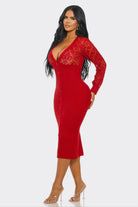 Women's V Neck and Long Sleeve Knit Midi Dress – full-length view