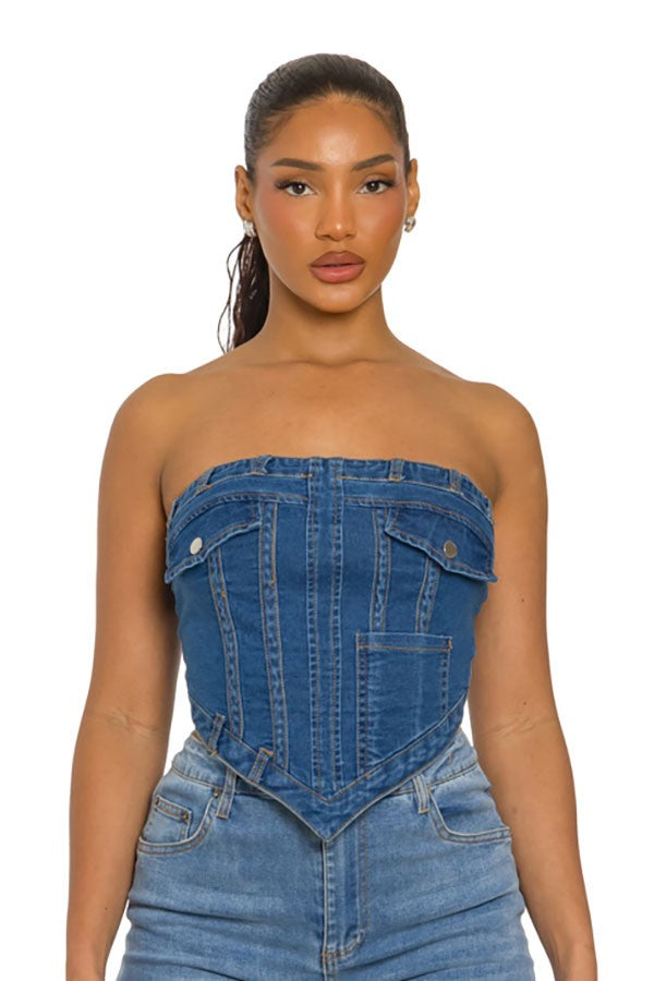 Women's Strapless Lace-Up Back Denim Corset Top