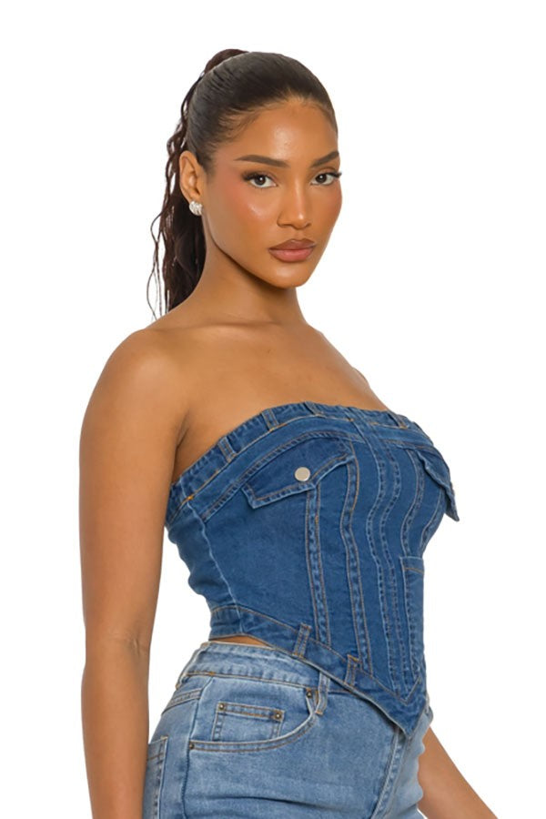 Women's Strapless Lace-Up Back Denim Corset Top - photo 2