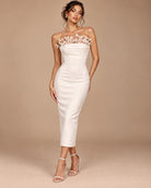 Women's white strapless feather-trim bandage midi dress