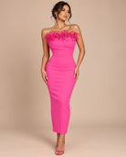 Women's hot pink strapless feather-trim bandage midi dress