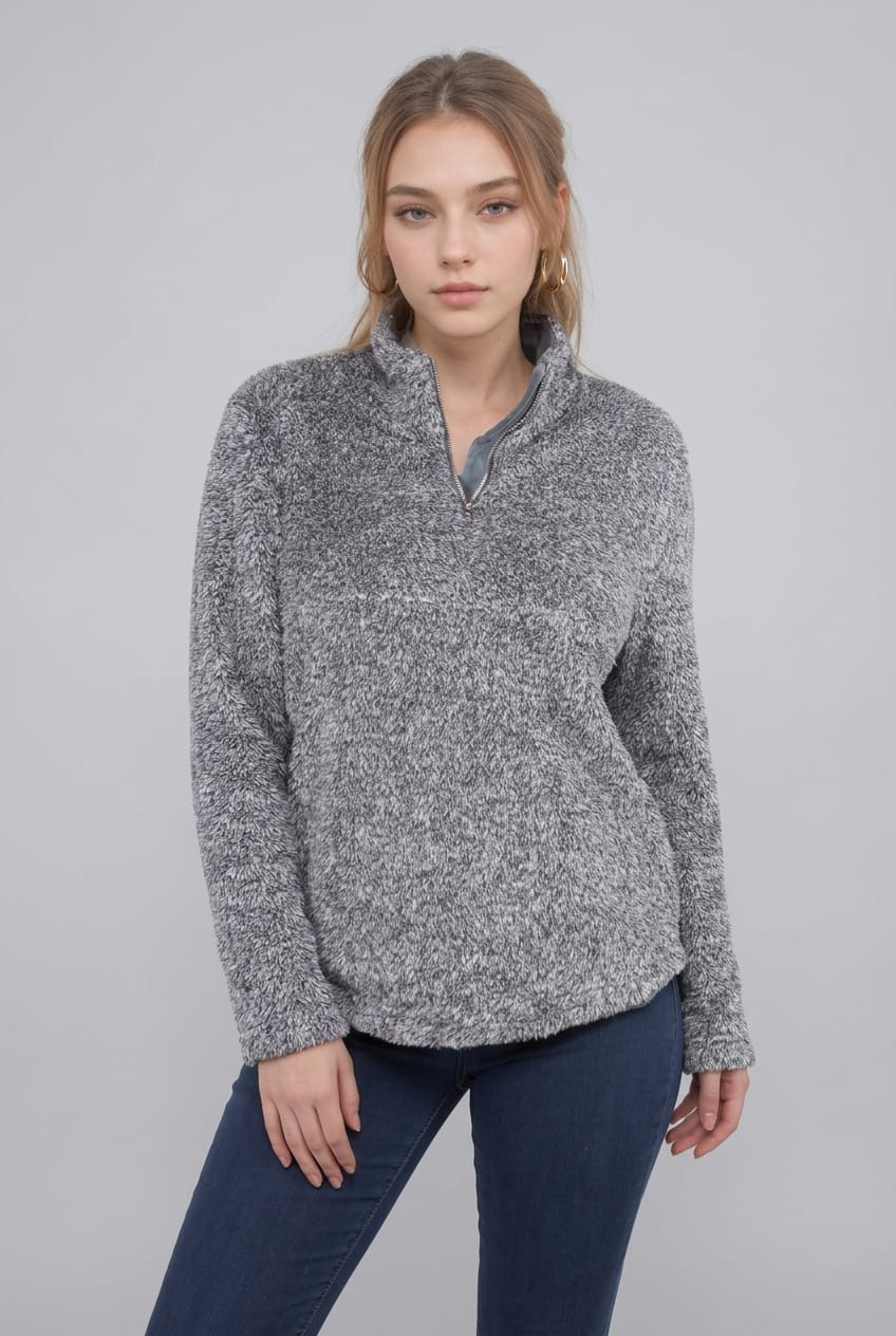 Women's Fuzzy Fleece Zip Front Pullover – front view