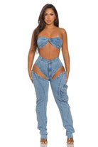 Women's Denim Bra Top & Cargo Slit Jeans Set