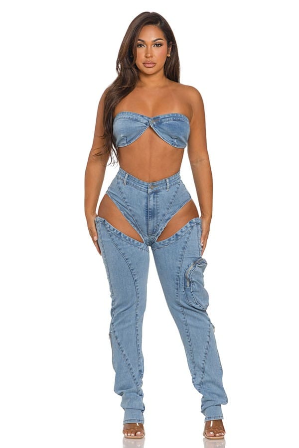 Women's Denim Bra Top & Cargo Slit Jeans Set