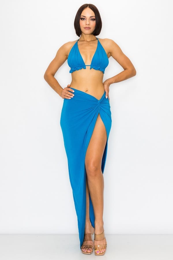 Women's Turquoise Luna Luxe Modal Bra Top & Maxi Skirt Set – front view
