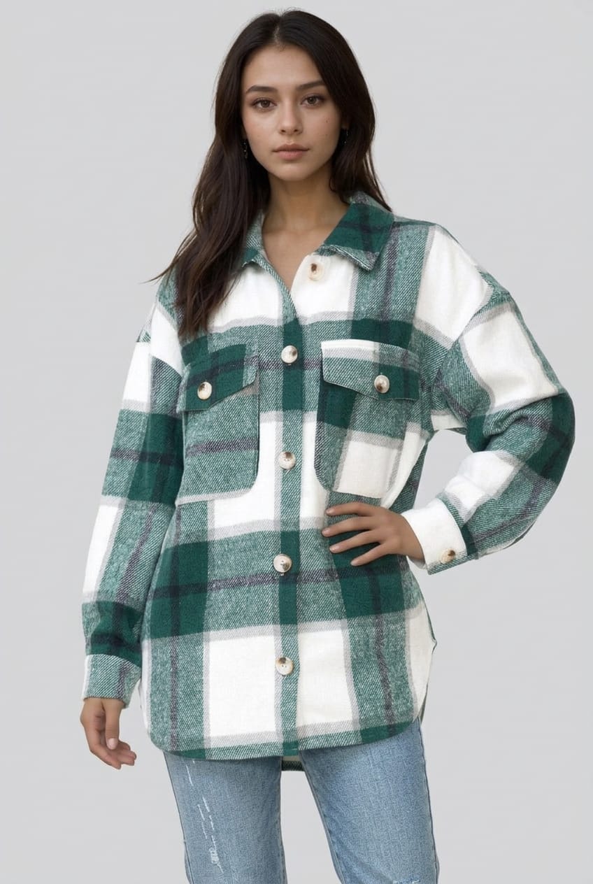 Women's Plaid Pocket Side Shacket – model view