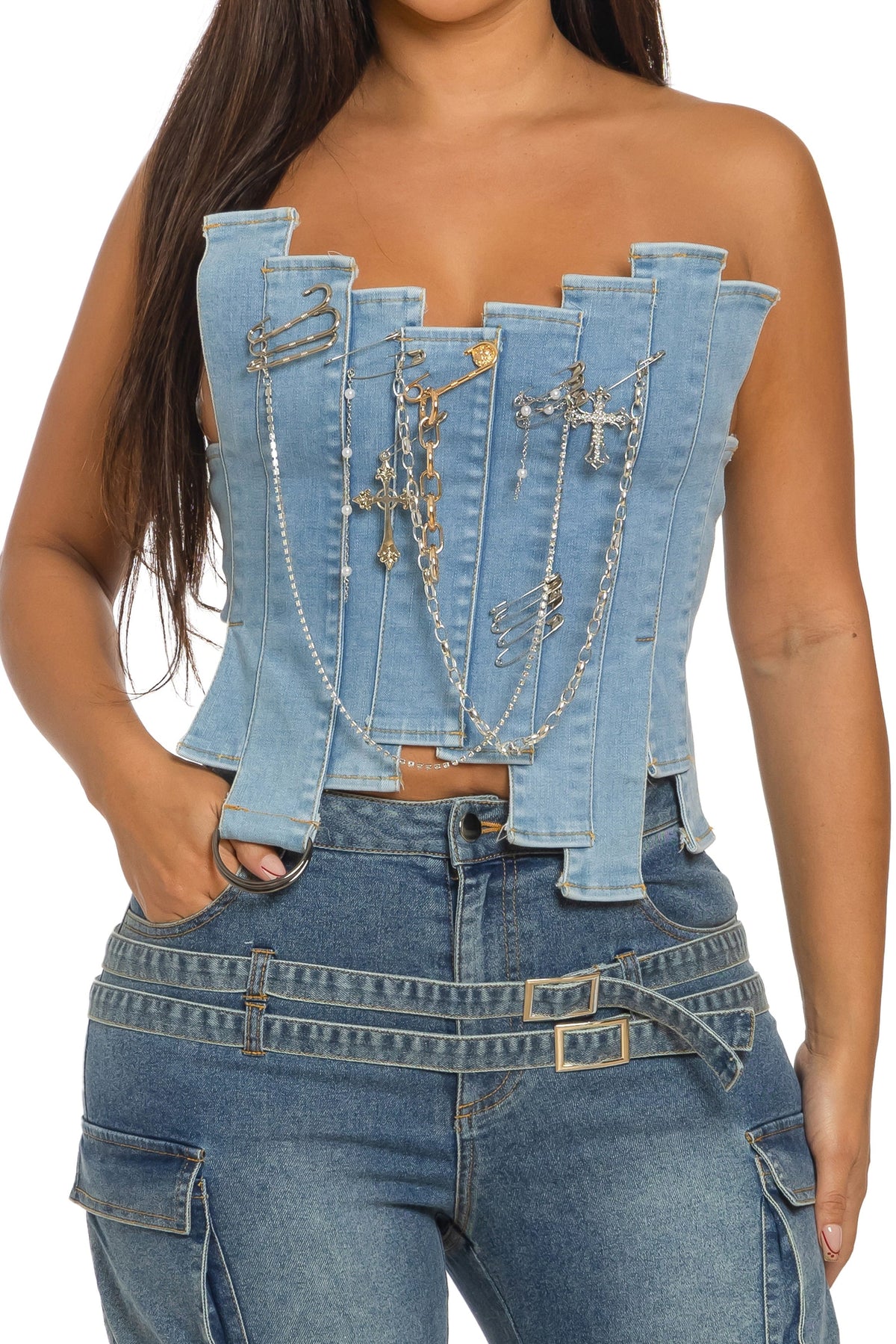 Women's Lace-Up Front Denim Corset Top - photo 3