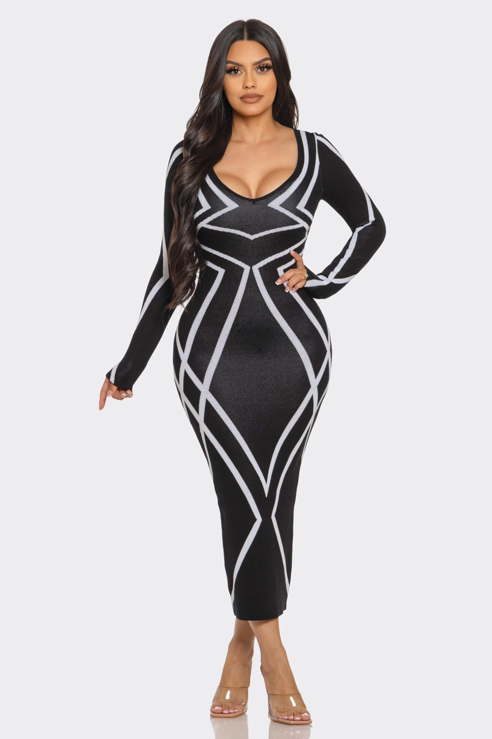 Women's Black Gio Pattern Print Sweater Knit Midi Dress – side view