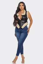 Women's Black Bucle Trim Leather Vest – front view