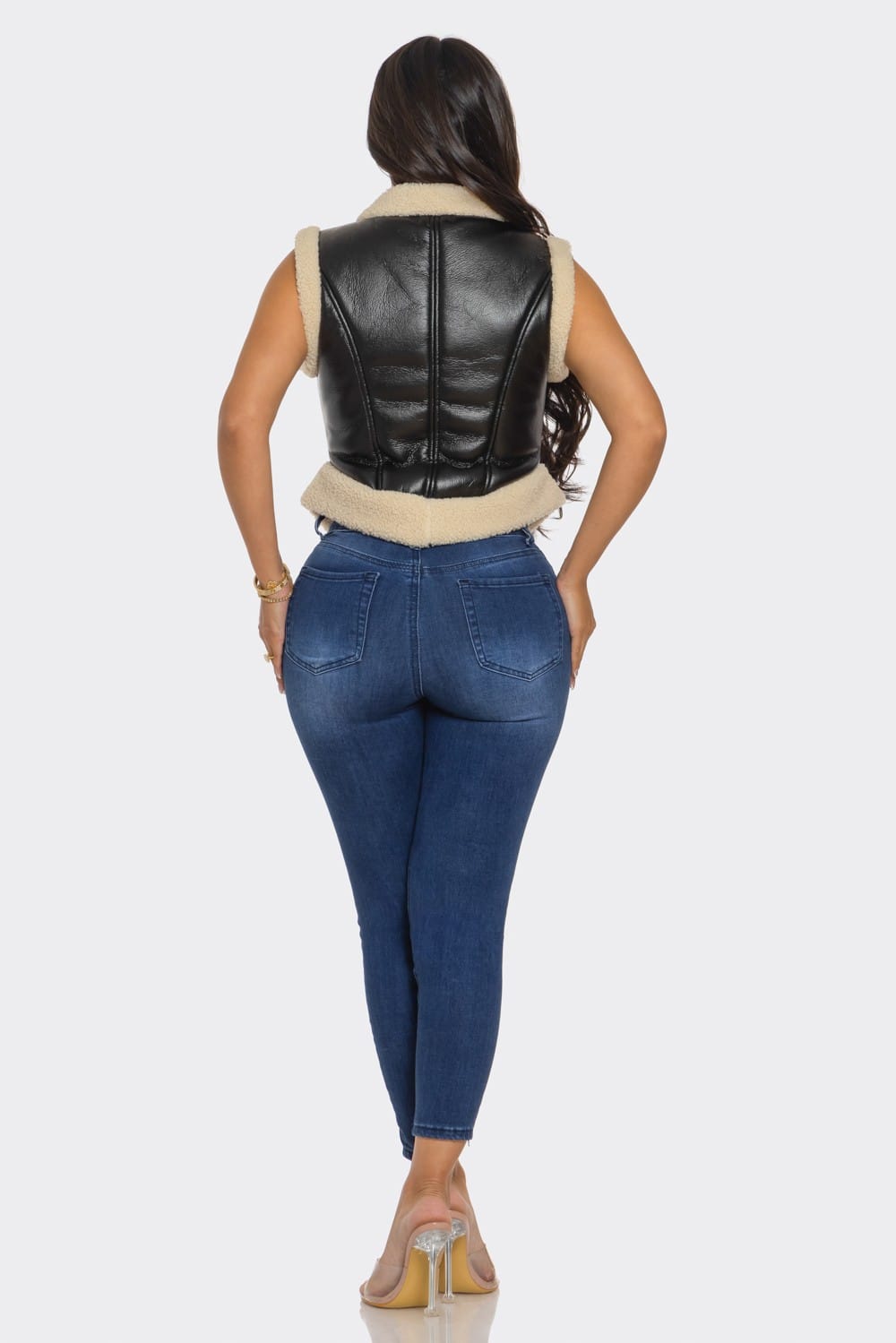 Women's Black Bucle Trim Leather Vest – detail view