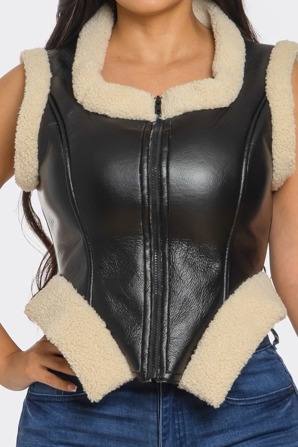 Women's Black Bucle Trim Leather Vest – back view