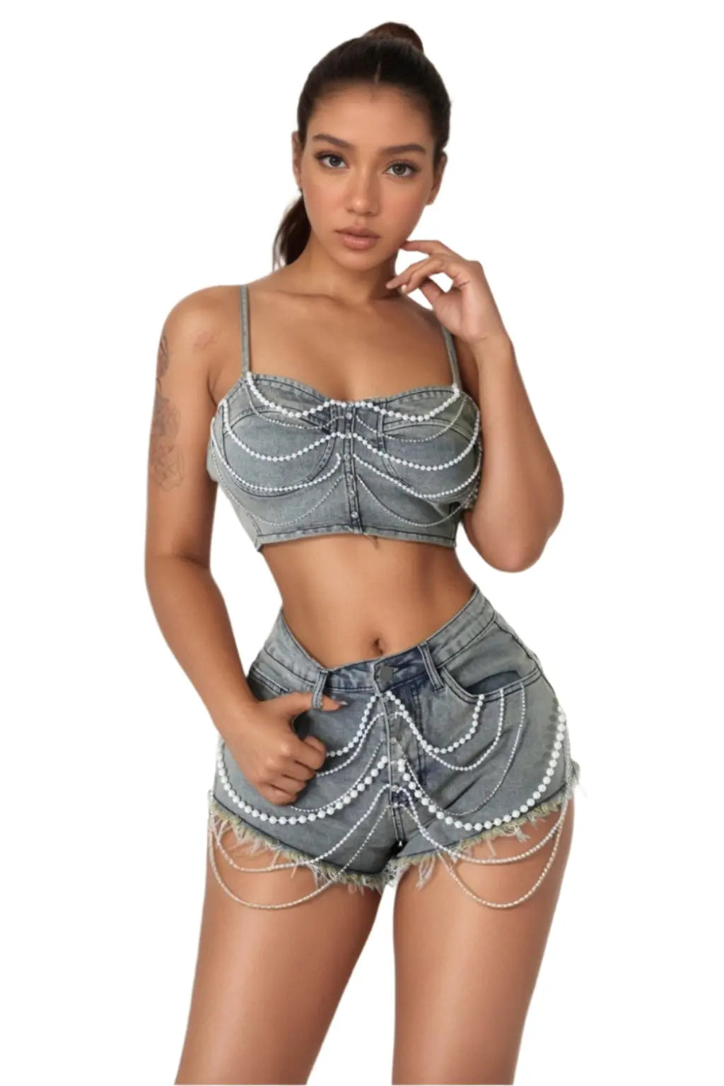 Pearl chain denim set product view - Epicplacess