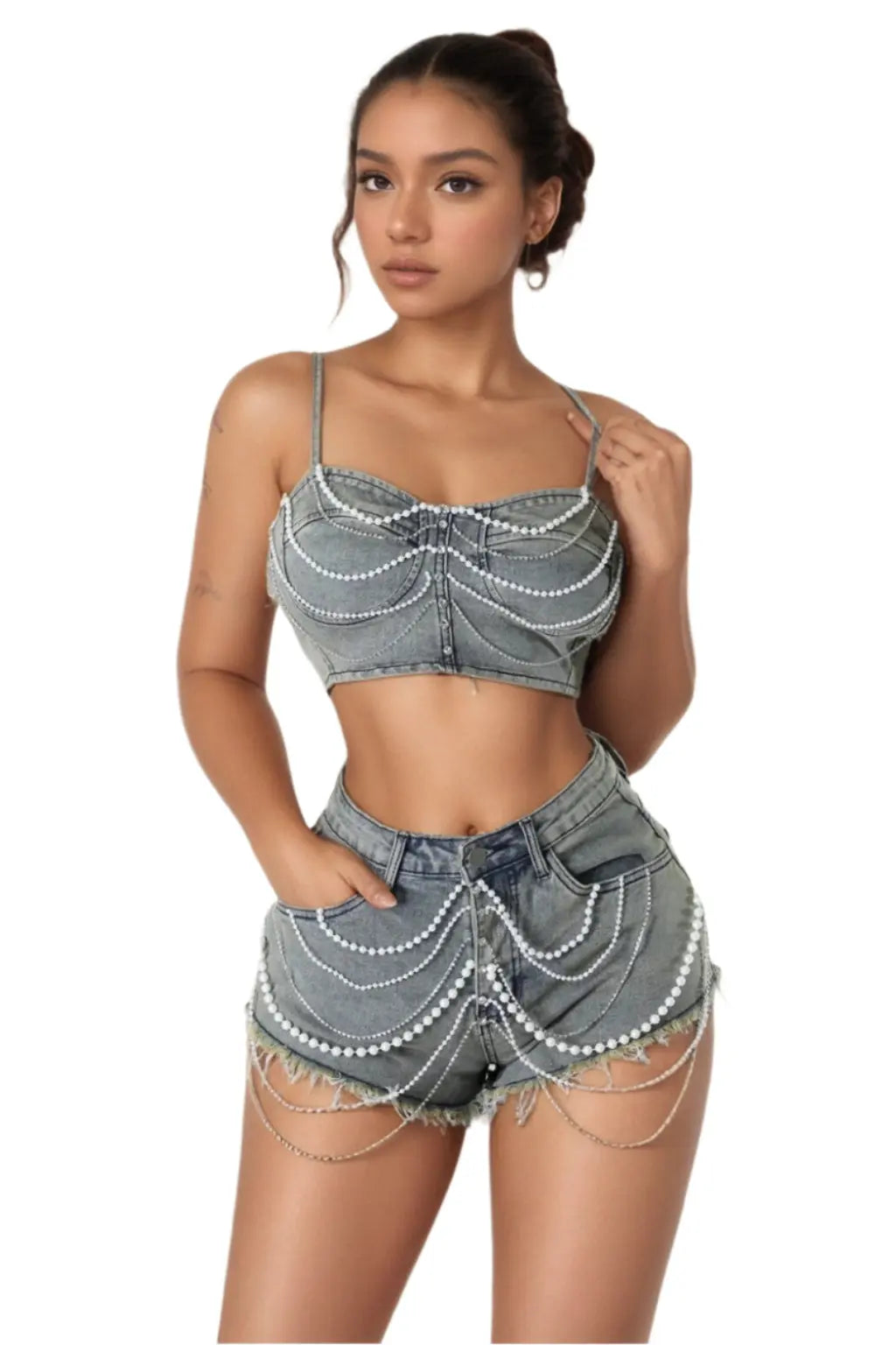Pearl chain denim shorts set - Epicplacess