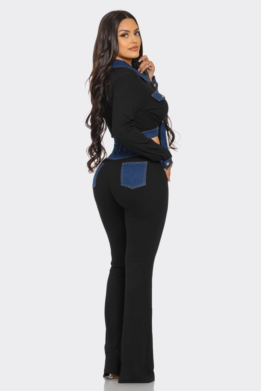 Women's Black Denim Contrast Pants Set – side view