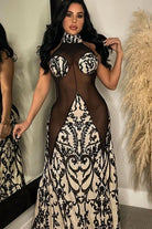 Women's Sheer Lace Print Bodycon Maxi Dress