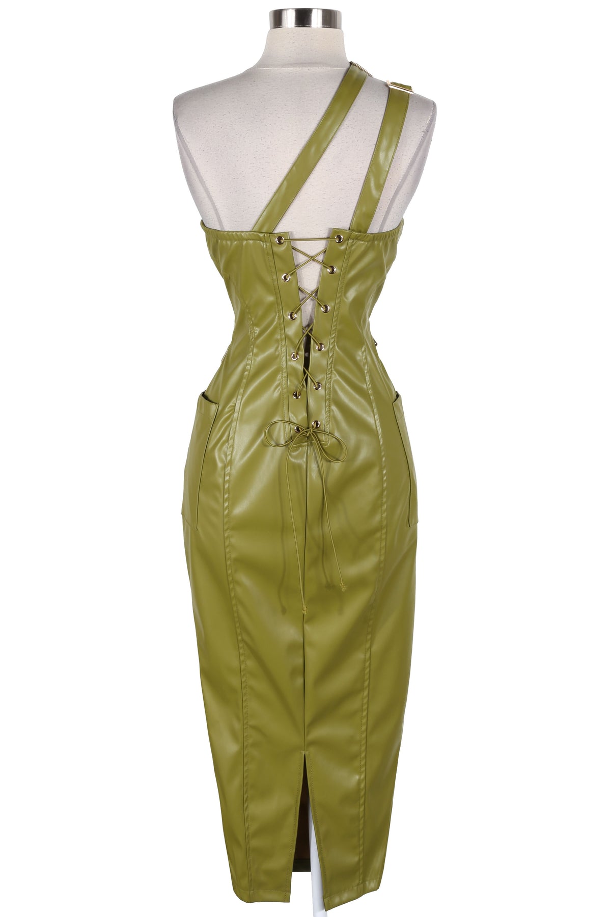 Women's Faux Leather One Shoulder Buckle Midi Dress - photo 3