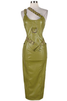 Women's Faux Leather One Shoulder Buckle Midi Dress