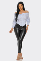 Women's White Off Shoulder Striped Button Down Shirt – full-length view