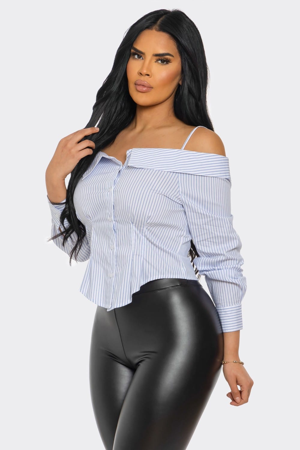 Women's White Off Shoulder Striped Button Down Shirt – side view