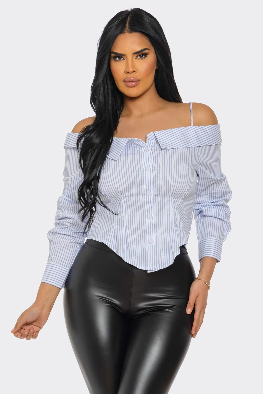Women's White Off Shoulder Striped Button Down Shirt – back view