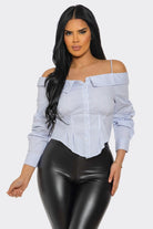 Women's White Off Shoulder Striped Button Down Shirt – back view